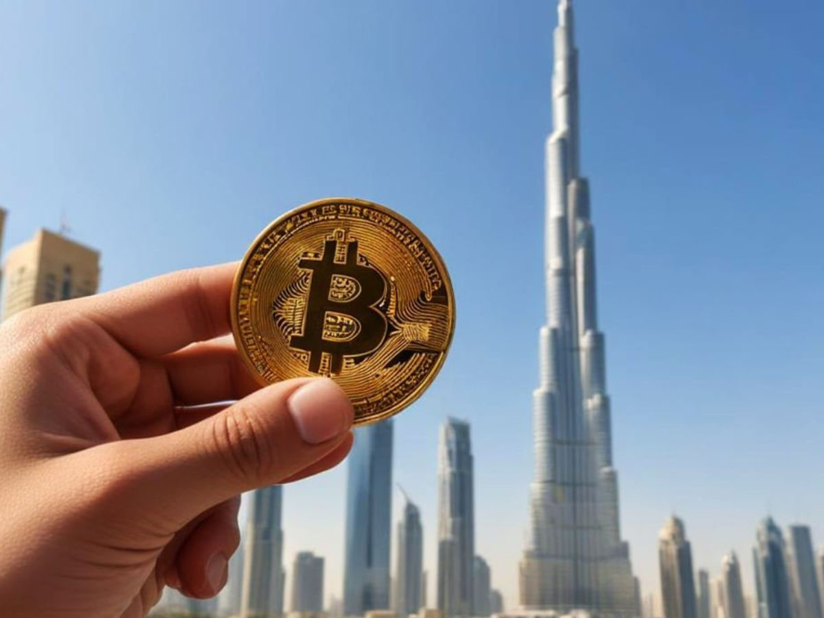 Biểu trưng Bitcoin được chụp phía trước một tòa nhà ở Dubai, UAE. Ảnh- Entrepreneur