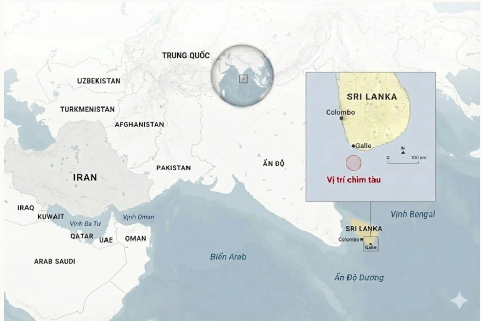 Vị trí tàu chiến Iran IRIS Dena đánh chìm ngoài khơi Sri Lanka. Đồ họa: Anadolu